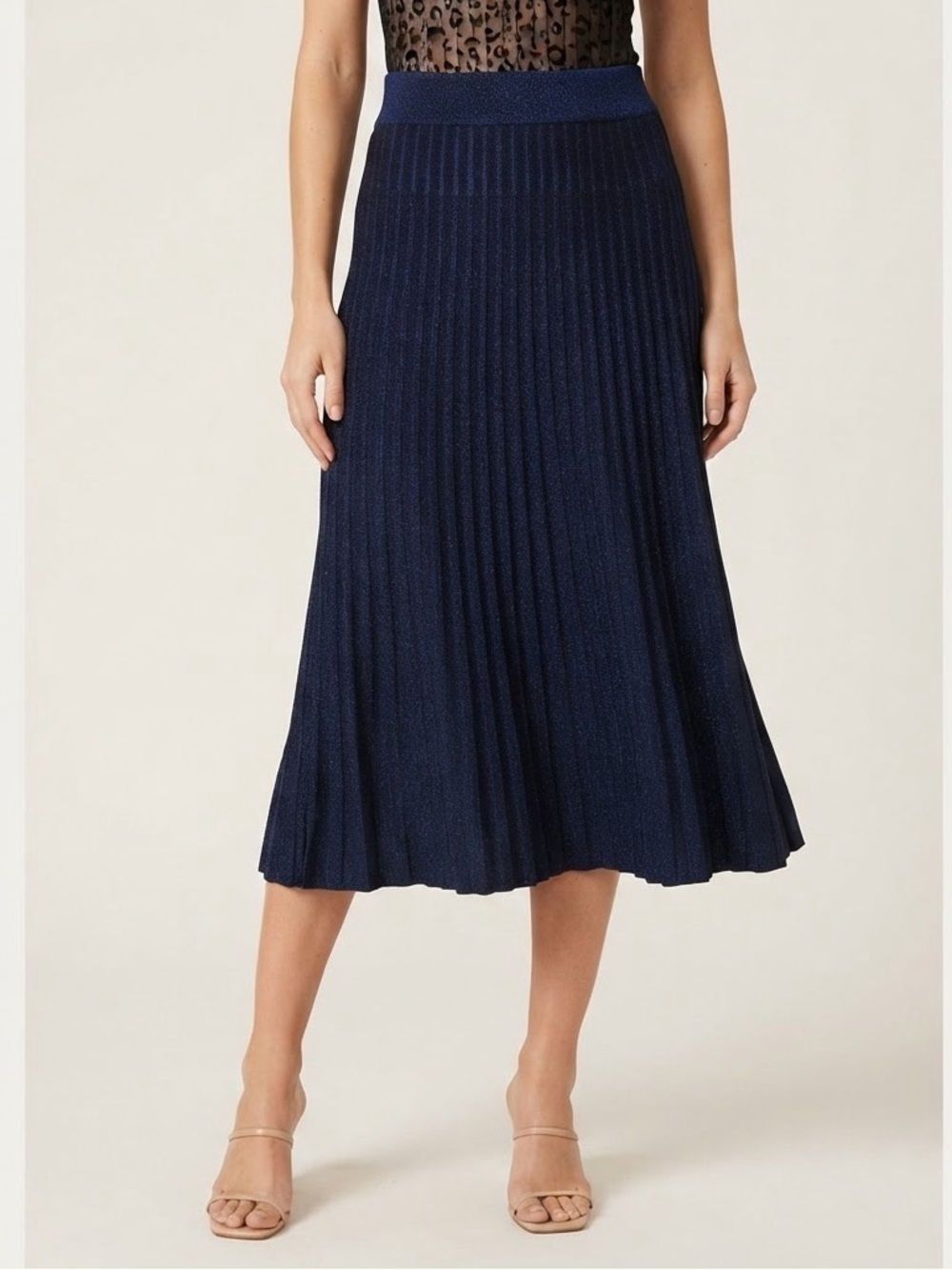 A.L.C. Navy Blue Shimmer Pleated Lurex Knit Midi Skirt Stretch Waist Sample